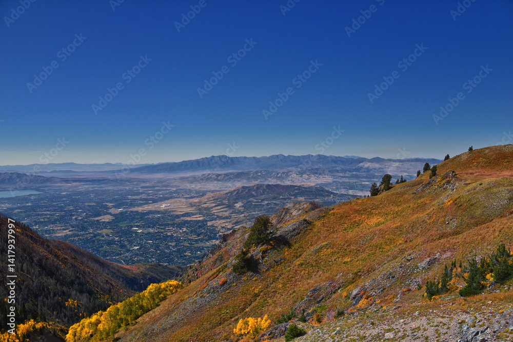 Box Elder Peak hiking views from trail, American Fork Canyon. Lone Peak, Mt Timpanogos, Wasatch Range Rocky Mountains, Utah, United States.