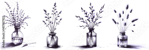 The Humble Vase: A Botanic Sketch Purple wildflower tiny flowes grass in glass vase pen ink style linework drawing sketch hand drawn vector illustration background