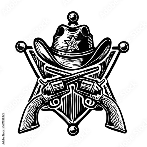 Wild West Sheriff Badge with Guns and Cowboy Hat Vector Illustration