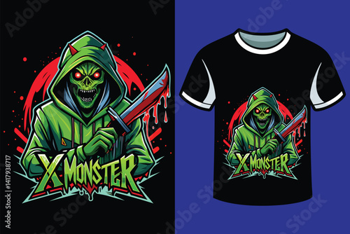X monster horror , electric green, blood splatter, 4k, cyberpunk, t-shirt design