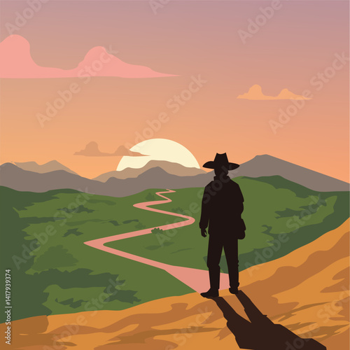 silhouette of a man walking in the mountains