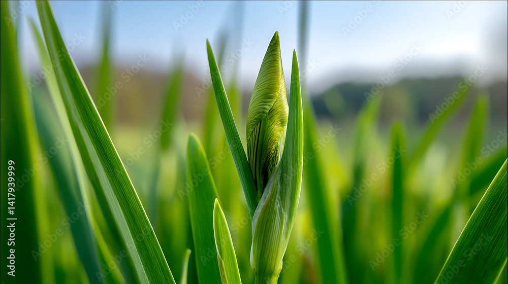 Obraz premium Close-up of a vibrant green flower bud emerging. A detailed close-up shot of a tender flower bud nestled amidst lush green leaves.