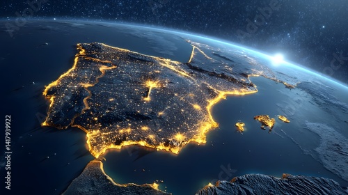 Aerial view of the Iberian Peninsula including Spain and Portugal illuminated by city lights and visible from space at night