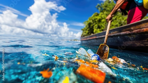 Fototapeta Naklejka Na Ścianę i Meble -  Volunteers on a boat collecting ocean litter near a coral reef, underscoring pollution threat to marine life