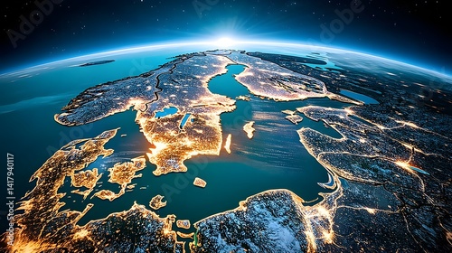 Aerial view of the Scandinavian peninsula at night with the coastlines illuminated by the bright lights of its densely populated cities and towns