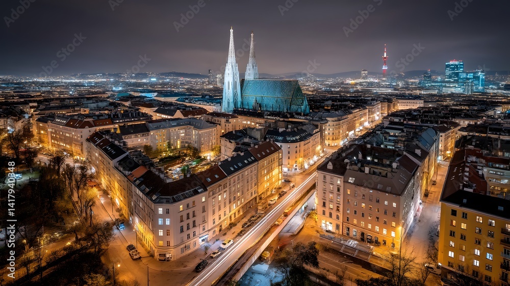 Fototapeta premium Aerial view of the vibrant and historic cityscape of Vienna the capital of Austria glowing with an array of lights and architectural landmarks against the dark night sky