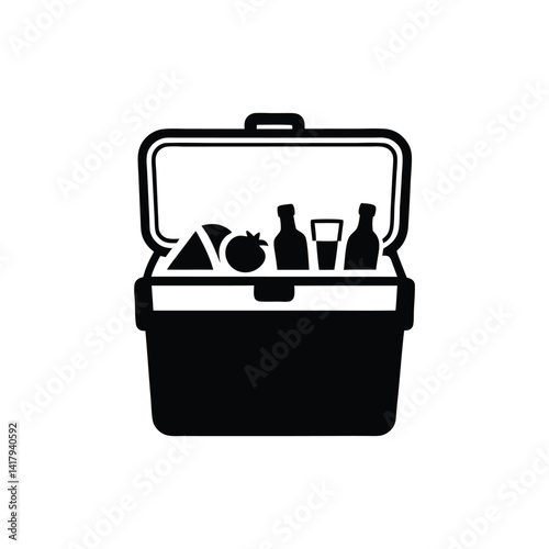 Open Black Cooler Icon Filled with Food and Drinks on Transparent Background