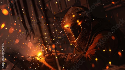 A skilled welder in a heavy-duty workshop, fusing two massive steel beams together.