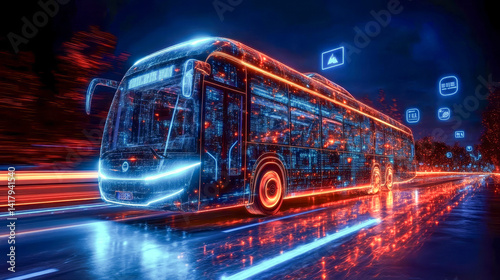 Futuristic electric bus in motion with neon light reflections  