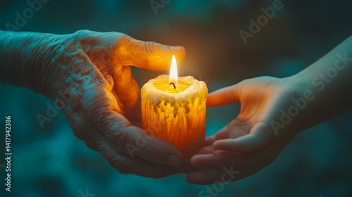 Elderly hand passing a candle to a child's hand in dim light  