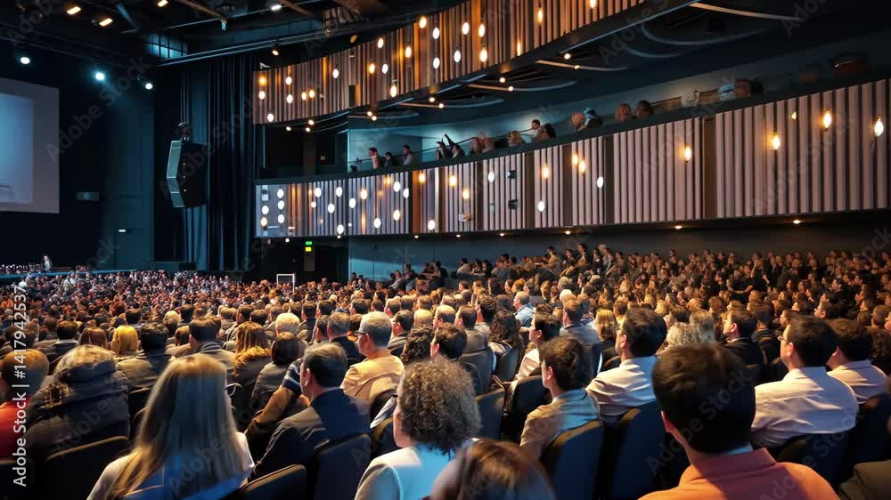 Large audience engaged at a corporate event in a modern auditorium with bright lighting and a large screen presentation