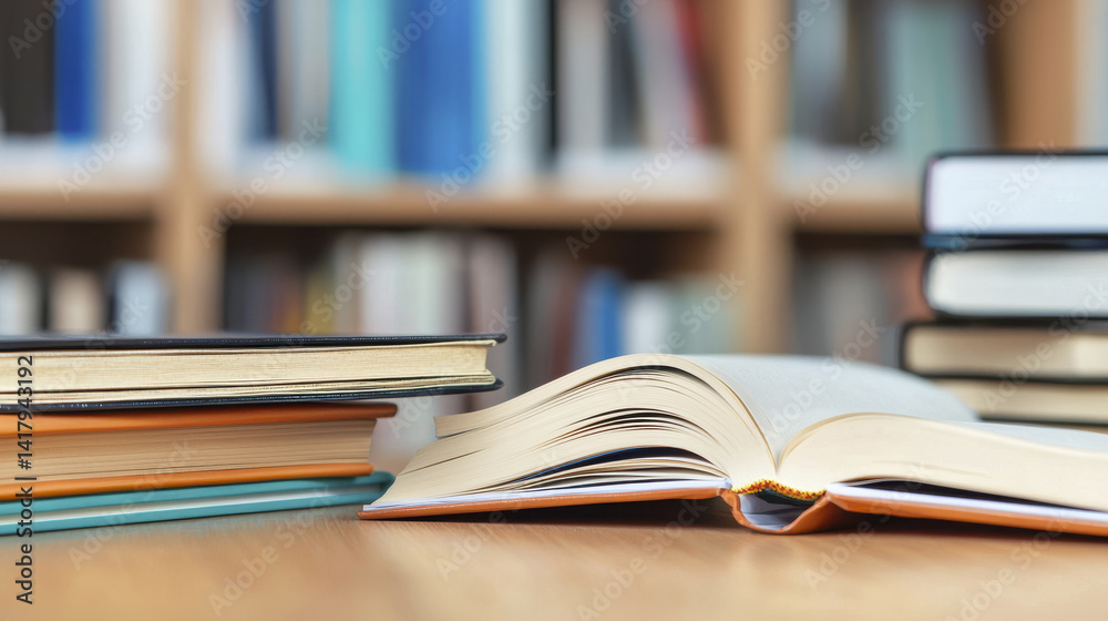 Open book on wooden table with stacked books in library background, creating studious atmosphere Open book on wooden table with stacked books in library background, creating studious atmosphere