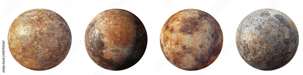 Fototapeta premium Collection of Mercury Planet: A detailed image of the rocky surface of Mercury, the closest planet to the sun, isolated on a transparency background