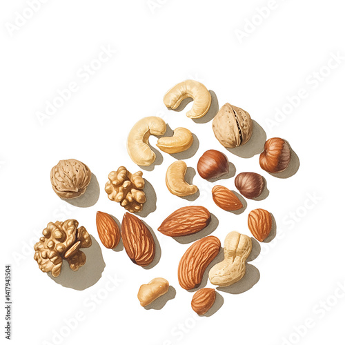 Assorted nuts and dried fruits mix, including almonds, cashews, walnuts, cranberries, blueberries, and blackberries, scattered on a transparent background Concept of healthy snack, nutrition, and food