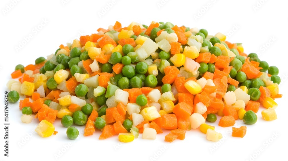 A vibrant pile of mixed frozen vegetables, including peas, carrots, corn, and potatoes, sits on a white background. Perfect for side dishes or healthy meals. A vibrant pile of mixed frozen vegetables, including peas, carrots, corn, and potatoes, sits on a white background. Perfect for side dishes or healthy meals.