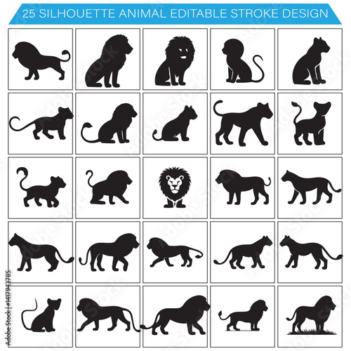 A vector set features black animal silhouettes and icons, including elephant, cat, dog, horse, bear, tiger, lion, cow, pig, and giraffe illustrations
