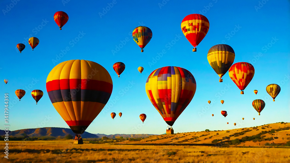 Fototapeta premium Colorful Hot Air Balloons Soaring Over Golden Landscape Under a Clear Blue Sky, Adventure and Travel Stock Photo