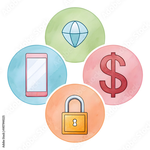 Mobile Payments watercolor clipart, Colorful icons representing technology, finance, and security concepts.