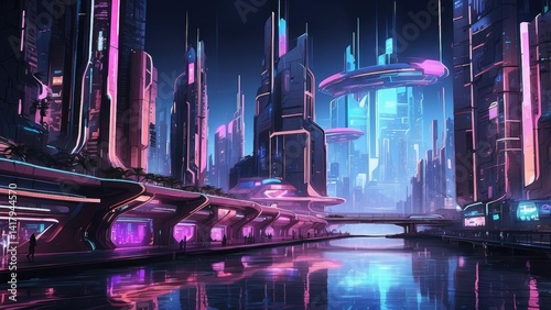 an abstract image of a city with neon lights and skyscrapers in the background