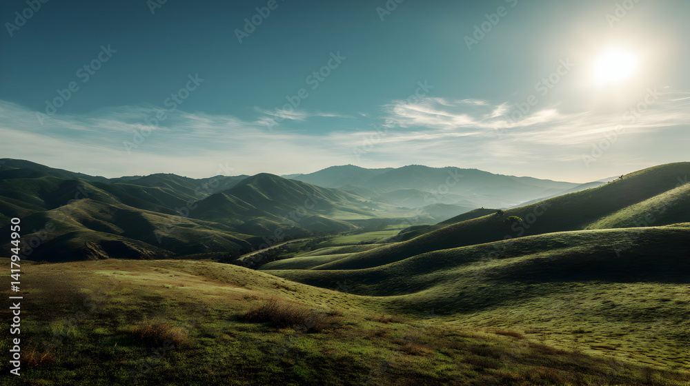 Obraz premium Rolling verdant hills bathe in the sunlight of a pristine morning horizon