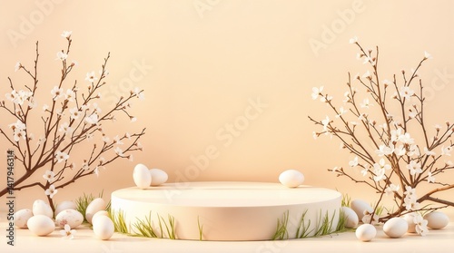 Empty round podium for product presentation with pastel easter eggs and blooming spring branches on beige background