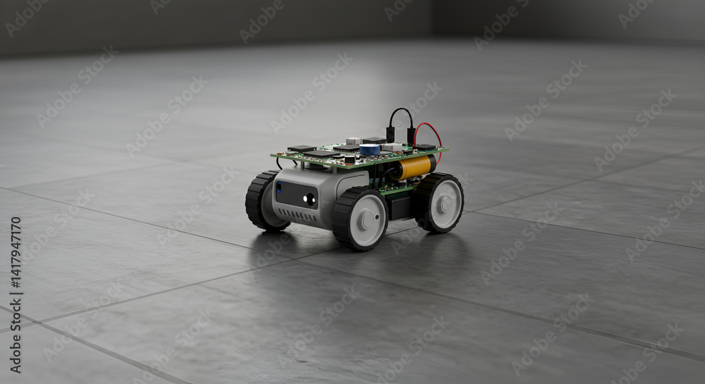 Obraz premium Tiny Wheeled Robot Minimalist Gray Floor