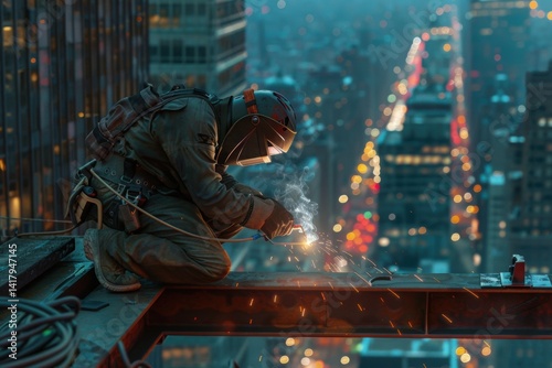 A welder crouched on a steel framework, fusing metal panels together at a towering construction site.