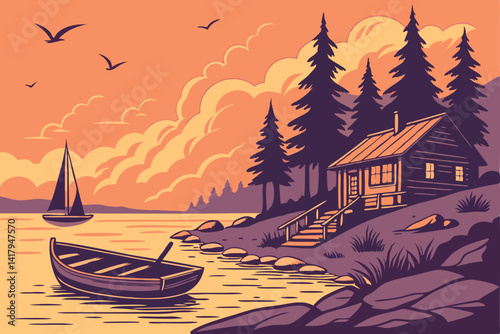 75 Serene lakeside sunset, vibrant orange and purple sky, small wooden boat, calm reflective water, cozy log cabin, pine trees, wooden dock, rocky shore, sailboats in distance, birds flying, photoreal