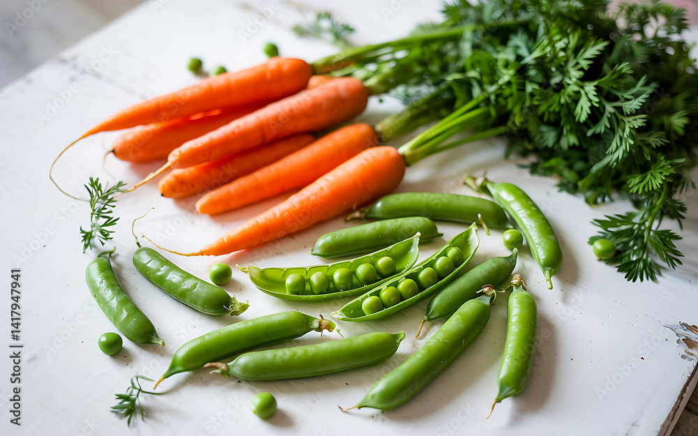 Fresh carrots and peas arranged on a white background, showcasing vibrant orange and green colors. Fresh carrots and peas arranged on a white background, showcasing vibrant orange and green colors.