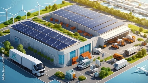 Aerial view of a modern transportation hub featuring a green building with solar panels on the roof
