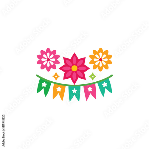 Vibrant Fiesta Floral Decorations Festive Bunting and Flowers Illustration