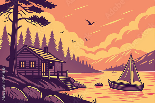 75 Serene lakeside sunset, vibrant orange and purple sky, small wooden boat, calm reflective water, cozy log cabin, pine trees, wooden dock, rocky shore, sailboats in distance, birds flying, photoreal