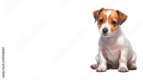 Adorable puppy sitting with attentive expression on white background. AI, generation, illustration.