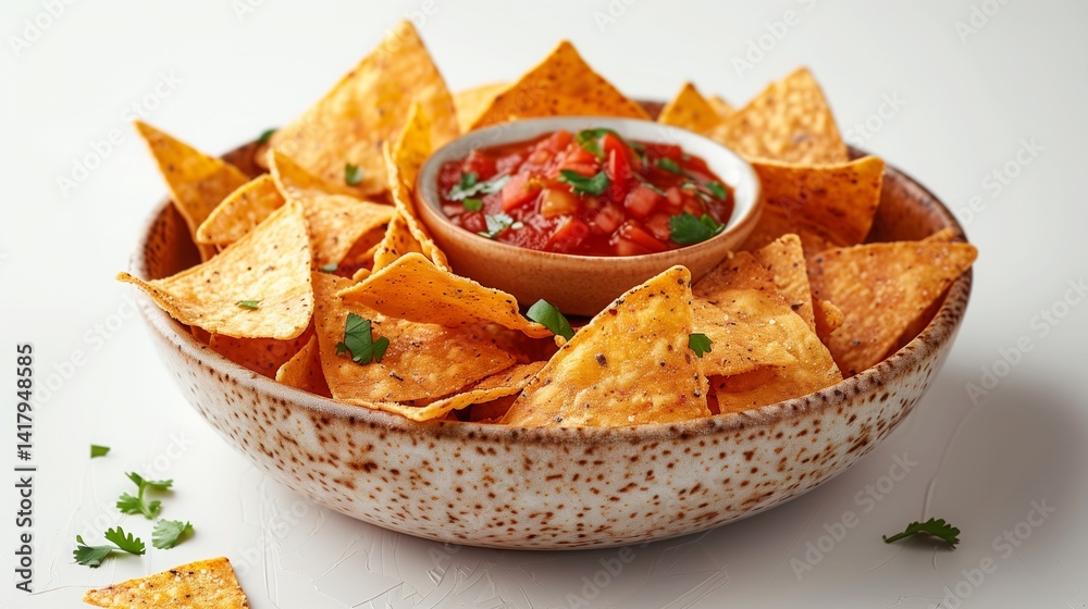 A bowl of tortilla chips and salsa sauce on a table as finger food A bowl of tortilla chips and salsa sauce on a table as finger food