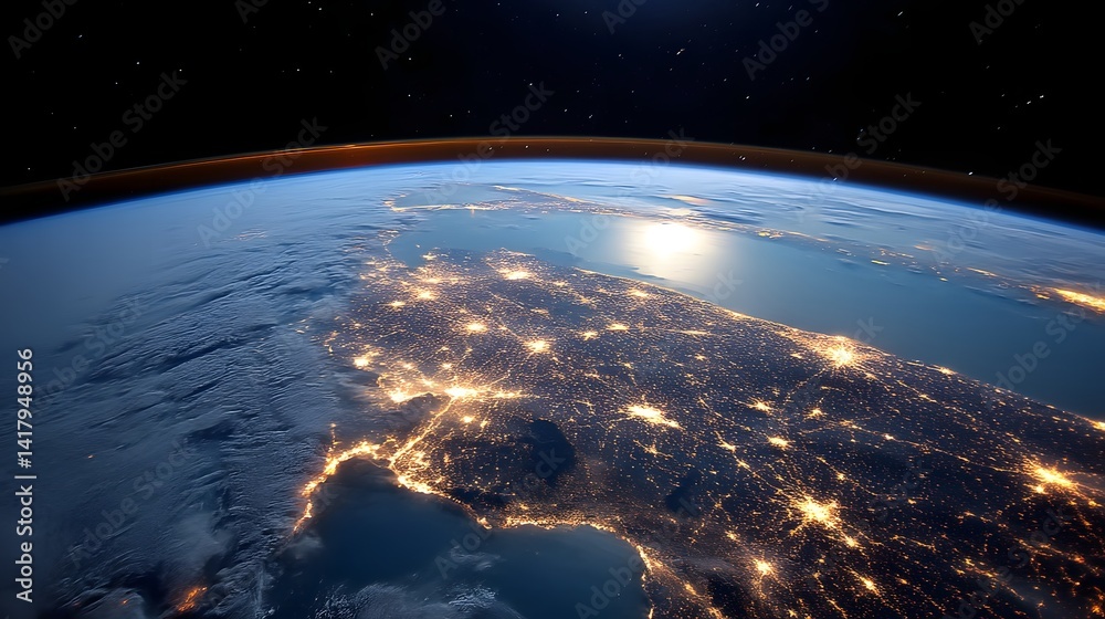 Obraz premium Stunning view of the Earth s surface at night with cities and settlements illuminated against the darkness of the planet s atmosphere and the vast expanse of space beyond