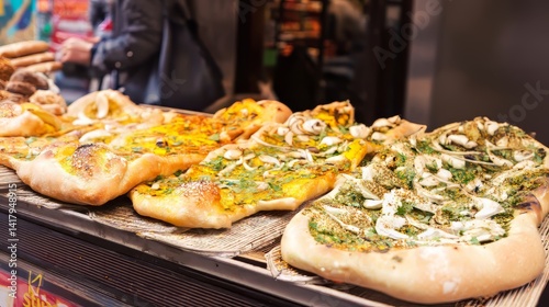 Assorted flatbreads with toppings presented on display at a food stall, ready to be served and enjoyed. photo