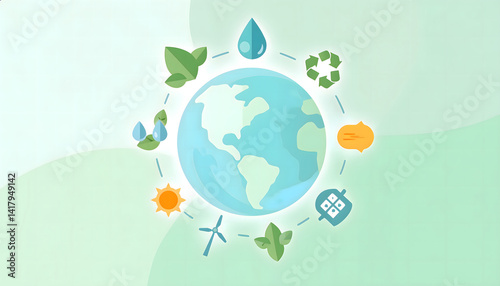 Creative Earth icon with water, leaves and sun. Environmental values and sustainable solutions concept