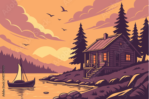 75 Serene lakeside sunset, vibrant orange and purple sky, small wooden boat, calm reflective water, cozy log cabin, pine trees, wooden dock, rocky shore, sailboats in distance, birds flying, photoreal