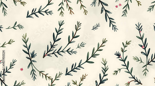 A seamless pattern of hand-drawn rosemary painted in watercolor. Hand-drawn herb wallpaper. Herb patterns for wallpaper, backgrounds, gift wrapping, and packaging
