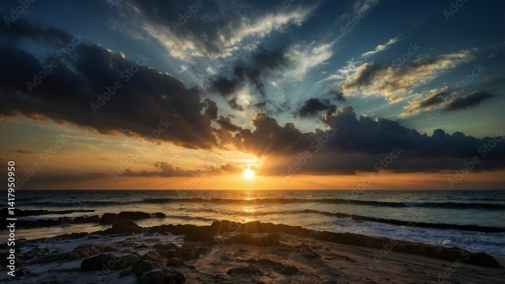 Obraz premium Spectacular Sunset Over the Ocean: A Coastal Scene
