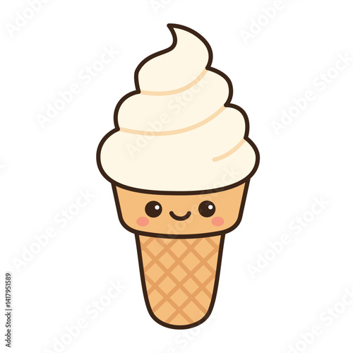 Ice cream waffle cone with happy face pictogram isolated vector object illustration in kawaii style. Soft-serve wafer ice-cream. Food clipart. Icon or logo.