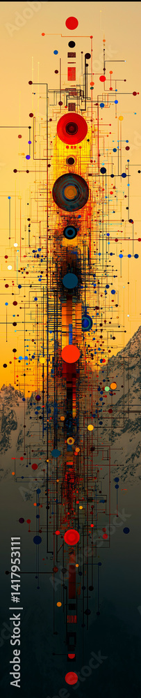 Abstract colorful landscape image with geometric shapes.