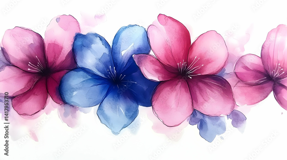 Obraz premium Watercolor Pink and Blue Flowers on White Background