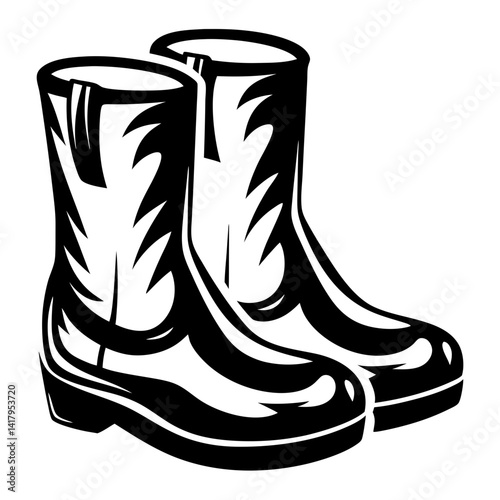 Two Black Rubber Boots Standing Side by Side on a White Background