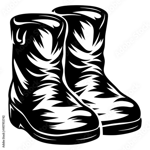 Black and white illustration of a pair of tall rubber boots