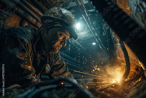An underground tunnel welder reinforcing a steel support structure deep beneath the city. 