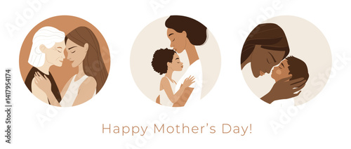 Happy Mothers Day Diverse Family Love Illustration in Modern Flat Style
