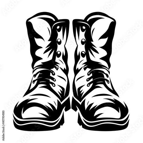 A pair of lace up boots in a stylized monochrome illustration