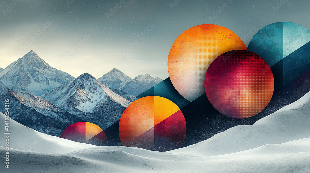 Abstract colorful landscape image with geometric shapes.