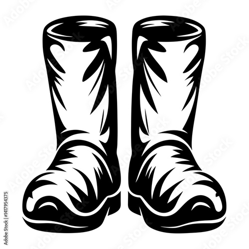 Black and white artistic representation of a pair of rubber boots